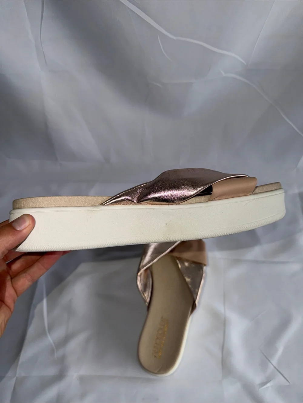 AEROSOLES Metallic Rose Gold and Blush Platform Slide Sandals